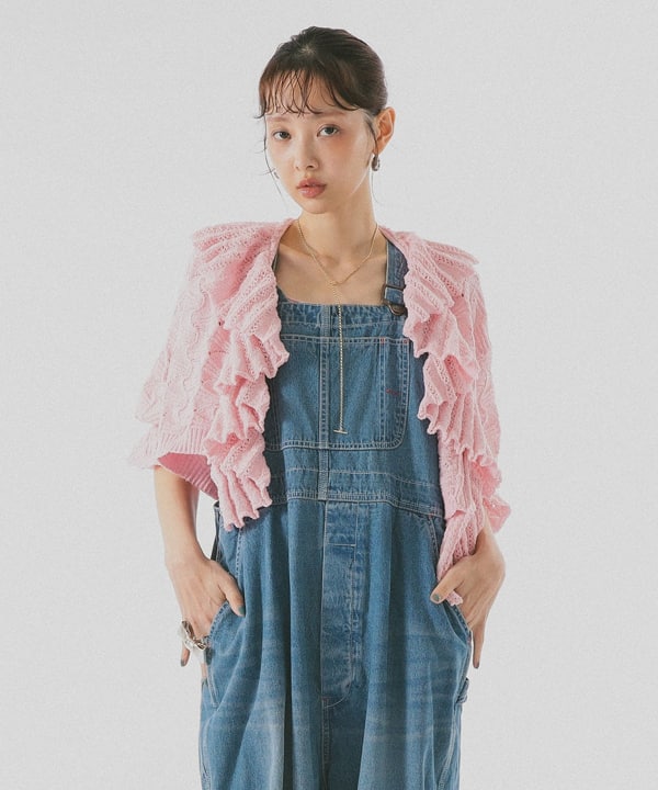 Eyelet Frill Knit Cardigan Model: H172 B79 W62 H90 Size: ONE SIZE