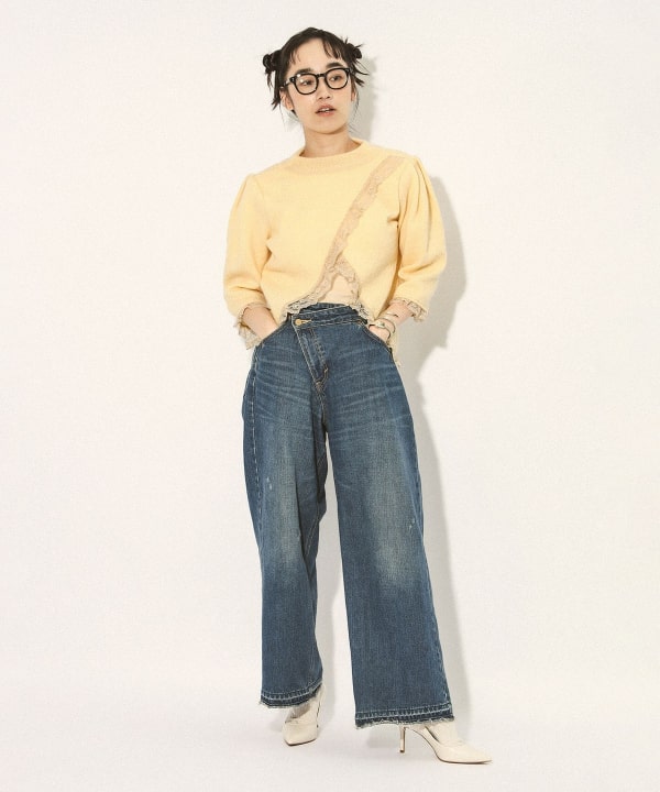 2WAY 袖口 レース ニット Model : H163 B79 W62 H87　Size : ONE SIZE