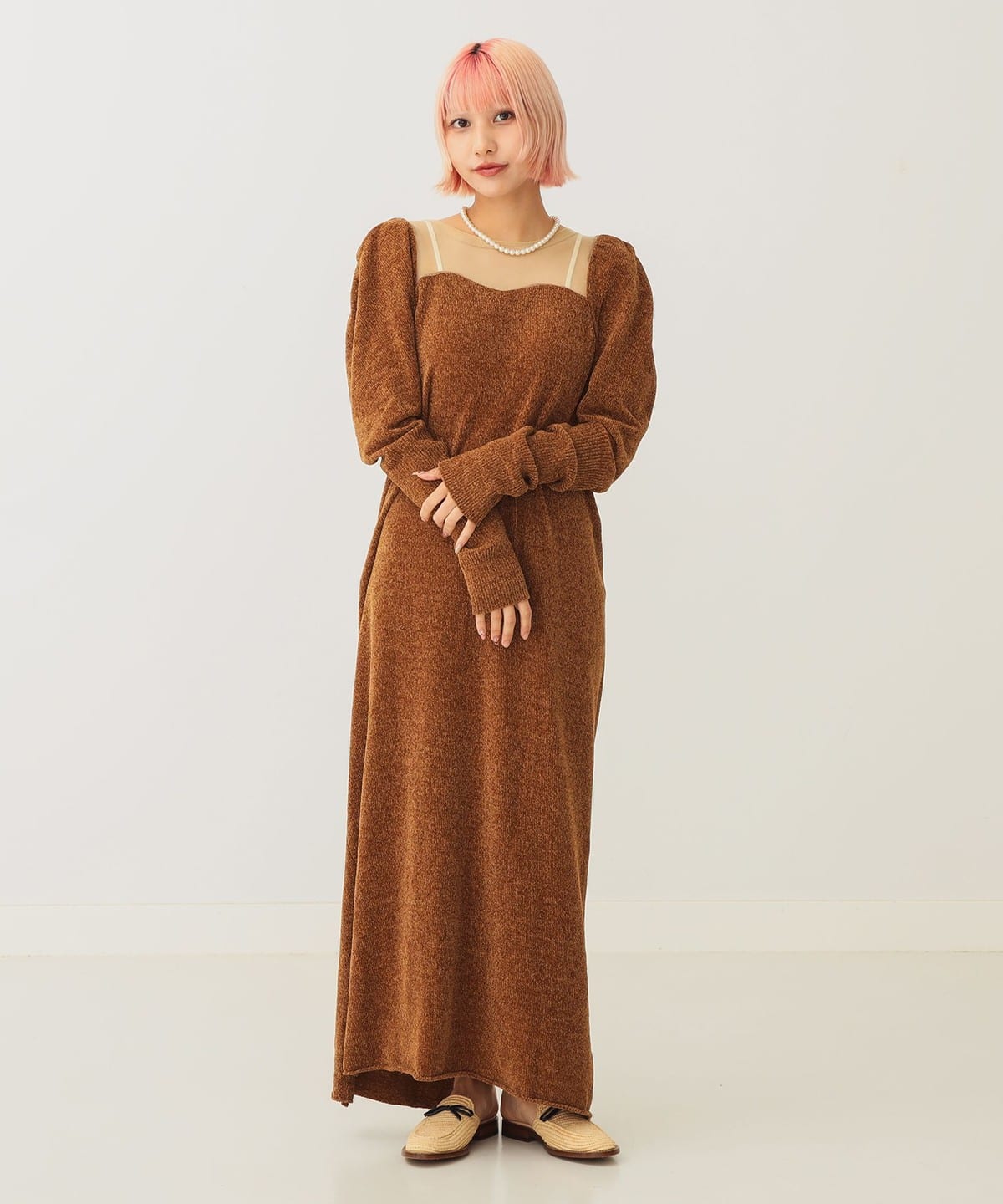 透け切替 ベロア ワンピース ワンピース WOMEN BROWN ONE SIZE 透け切替 ベロア ワンピース ワンピース WOMEN BROWN ONE SIZE