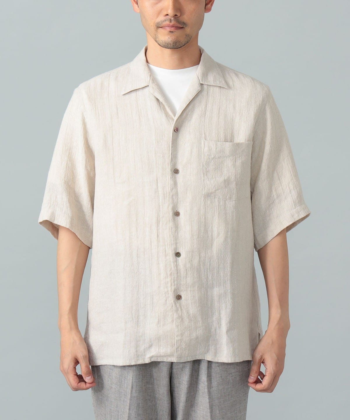 BEAMS F（ビームスF）リネンシルク ヘリンボーン オープンカラーシャツ