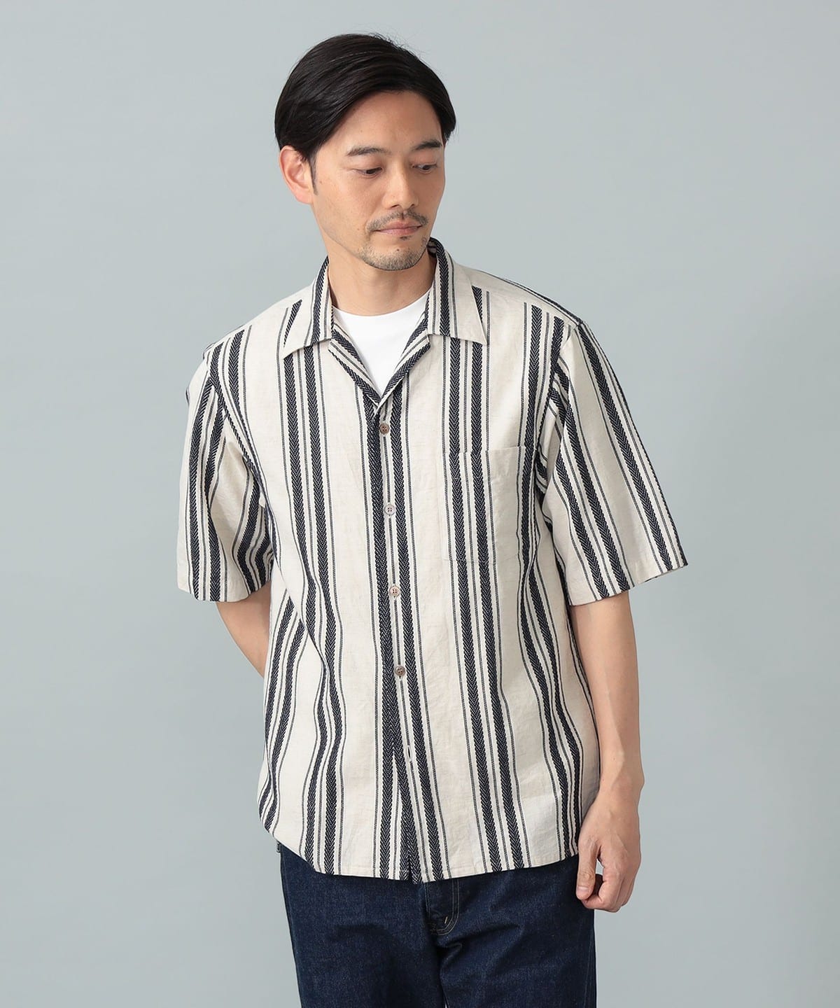 BEAMS F（ビームスF）コットンリネン ストライプ オープンカラーシャツ