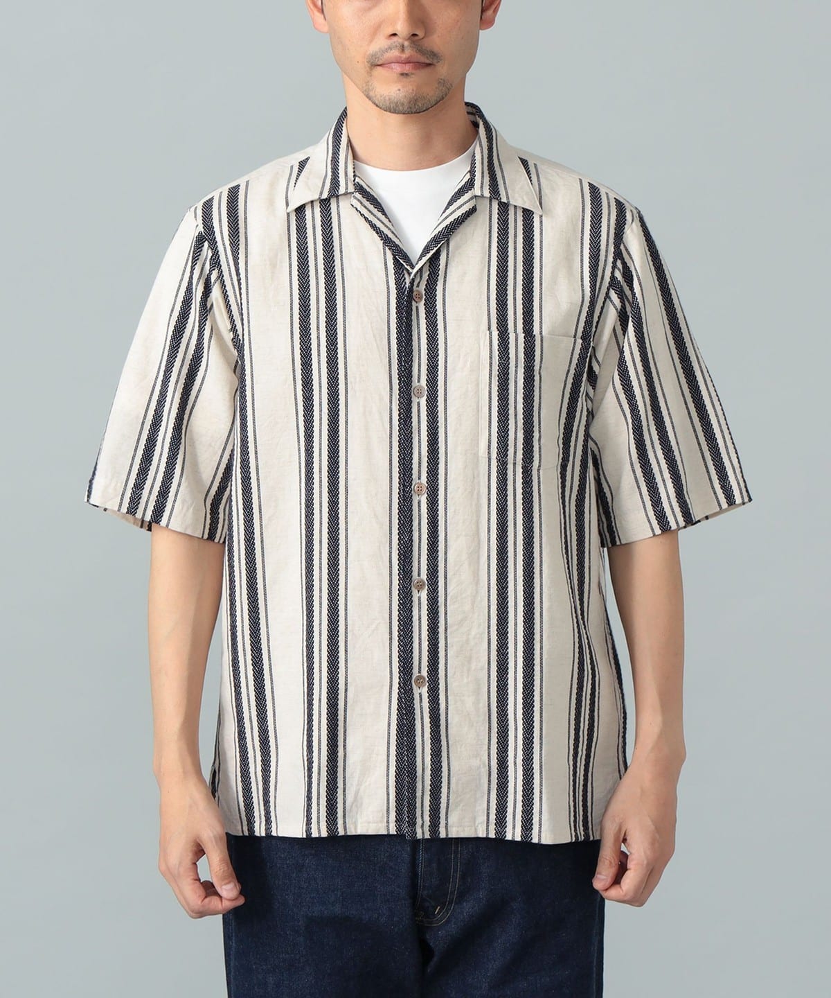 BEAMS F（ビームスF）コットンリネン ストライプ オープンカラーシャツ