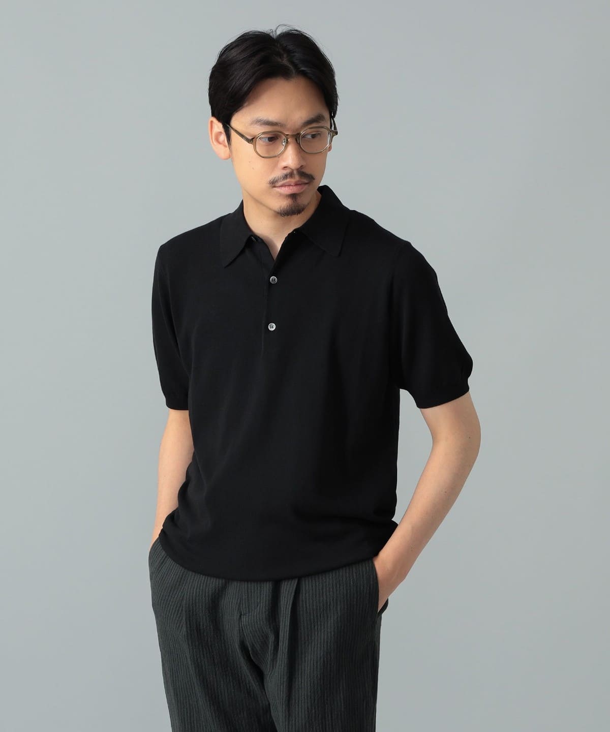 BEAMS F / MORGANO イタリア製 半袖ニットポロ 52 ブラック BEAMS F（ビームスF）【別注】MORGANO / コットン ショートスリーブ