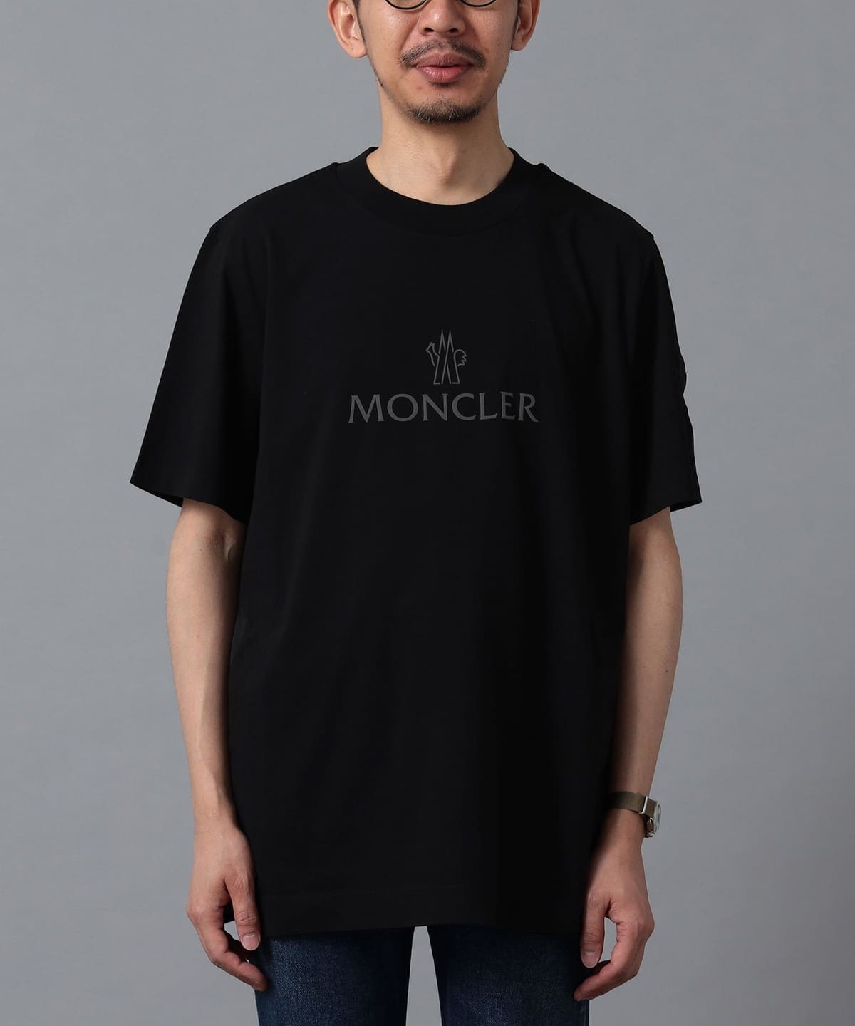 MONCLER ブラック プリーツ Tシャツ　sサイズ BEAMS F（ビームスF）MONCLER / サイドライン ロゴ クルーネック