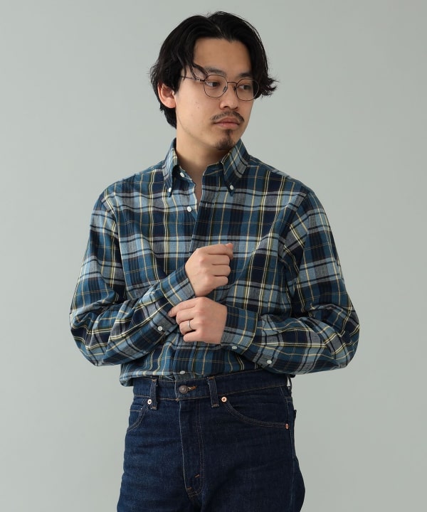 新品】ビームスエフ / BEAMS F / ターコイズ マドラスチェック ボタン