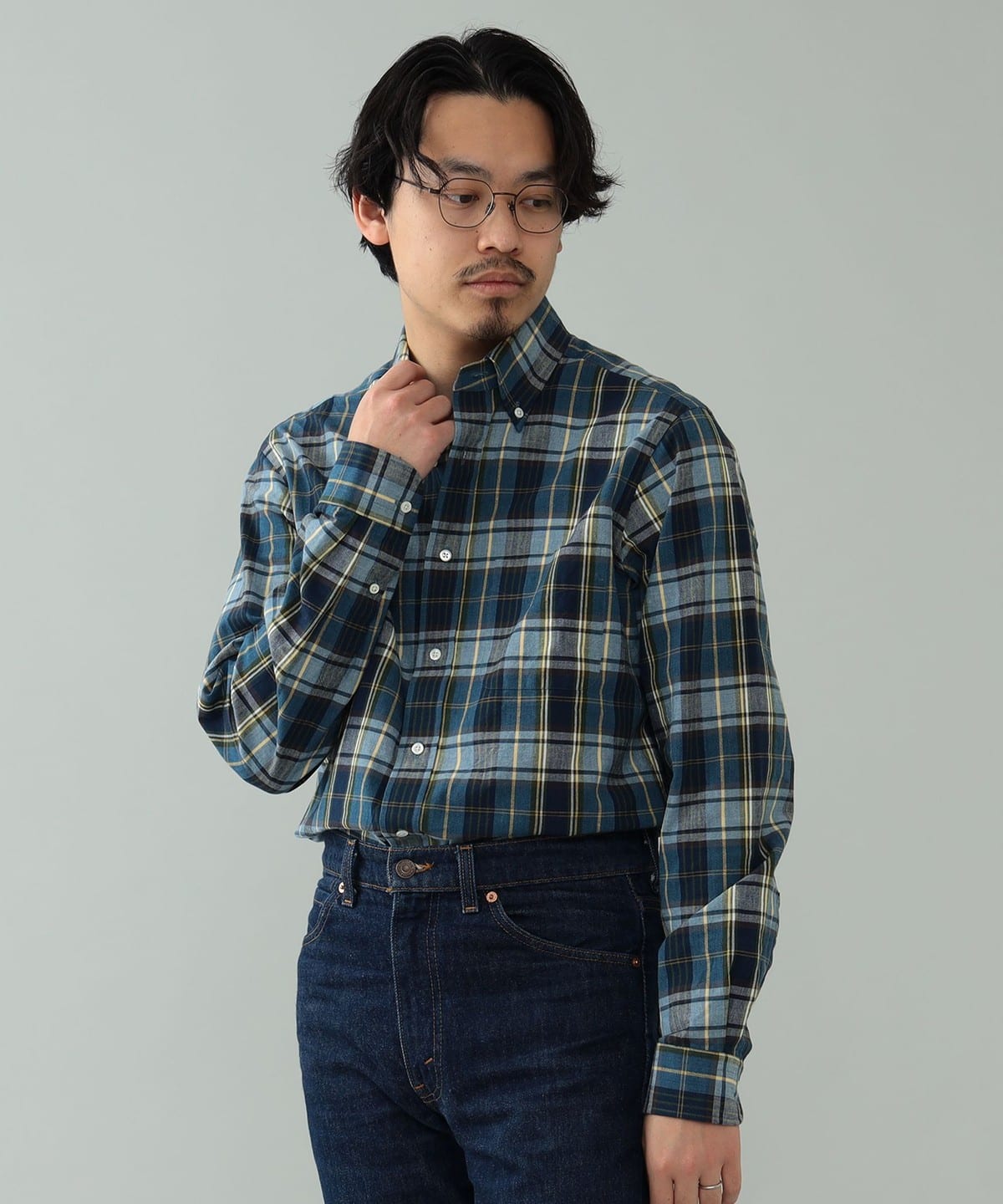 BEAMS F (BEAMS F)[Outlet] Turquoise Madras Check Button Da yes 