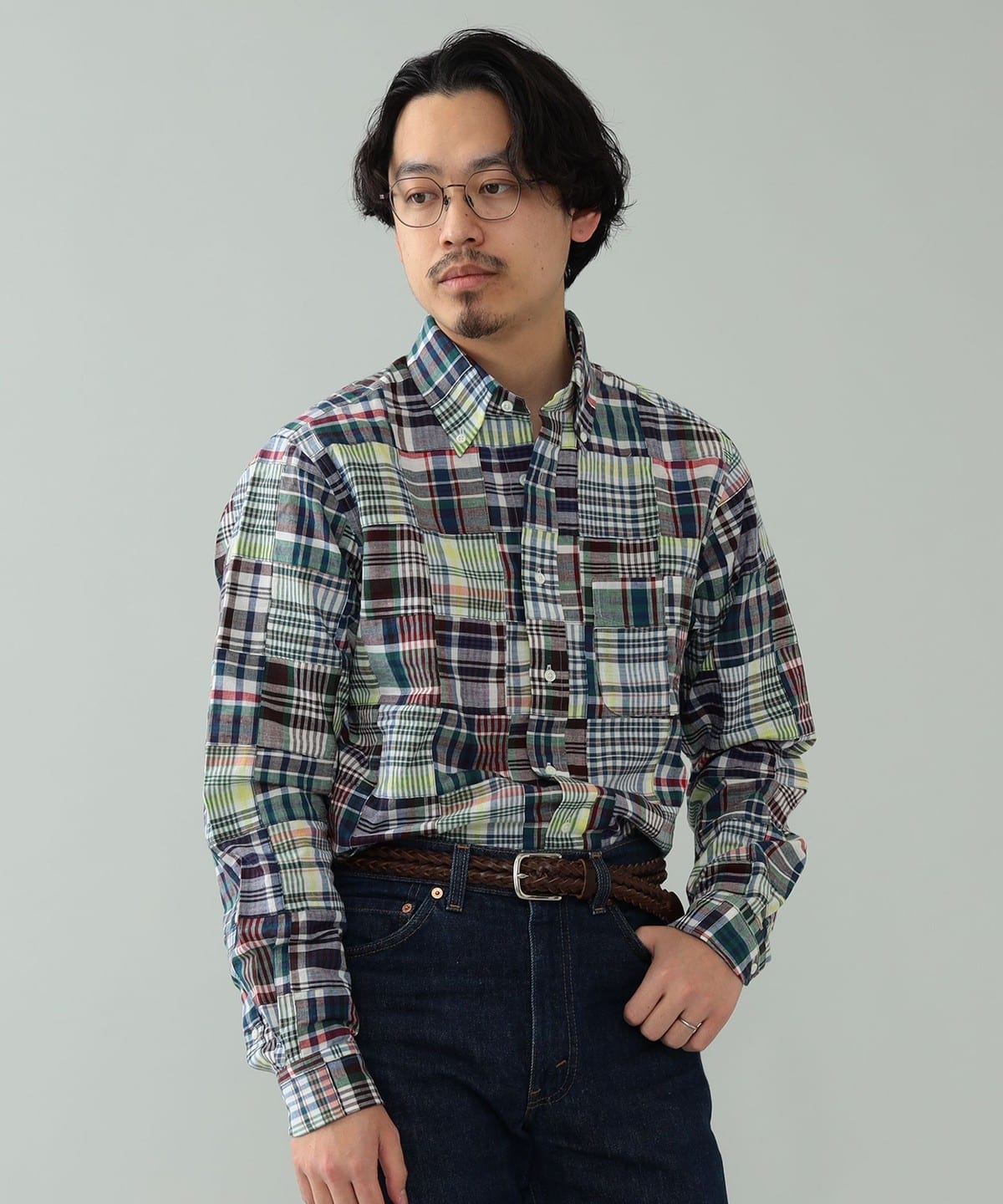 BEAMS JAPAN ビームス 22SS マドラスパッチワーク ボタンダウンシャツ 半袖 ブルー Size Lトップス