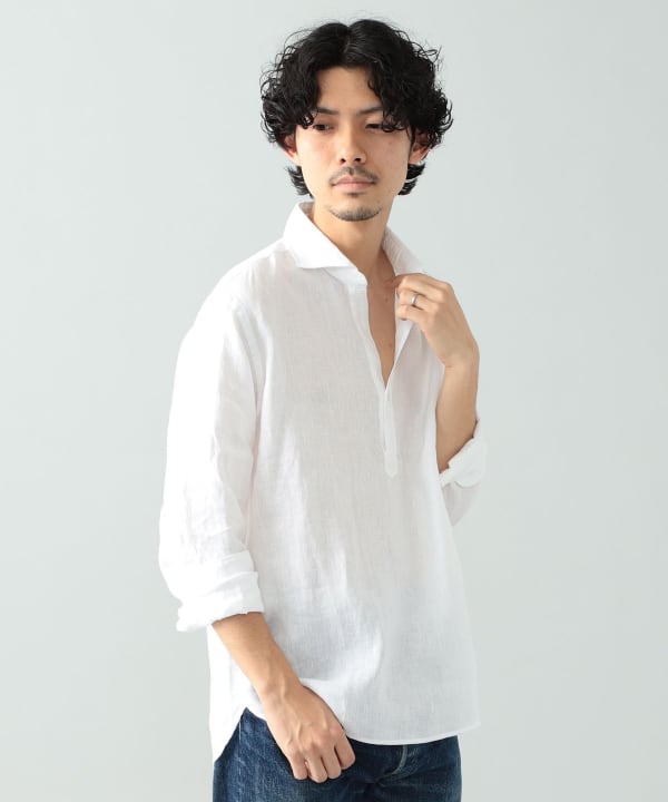 美品　ORIAN　シャツ　プルオーバー　スキッパー　ネイビー　コットン　M　長袖