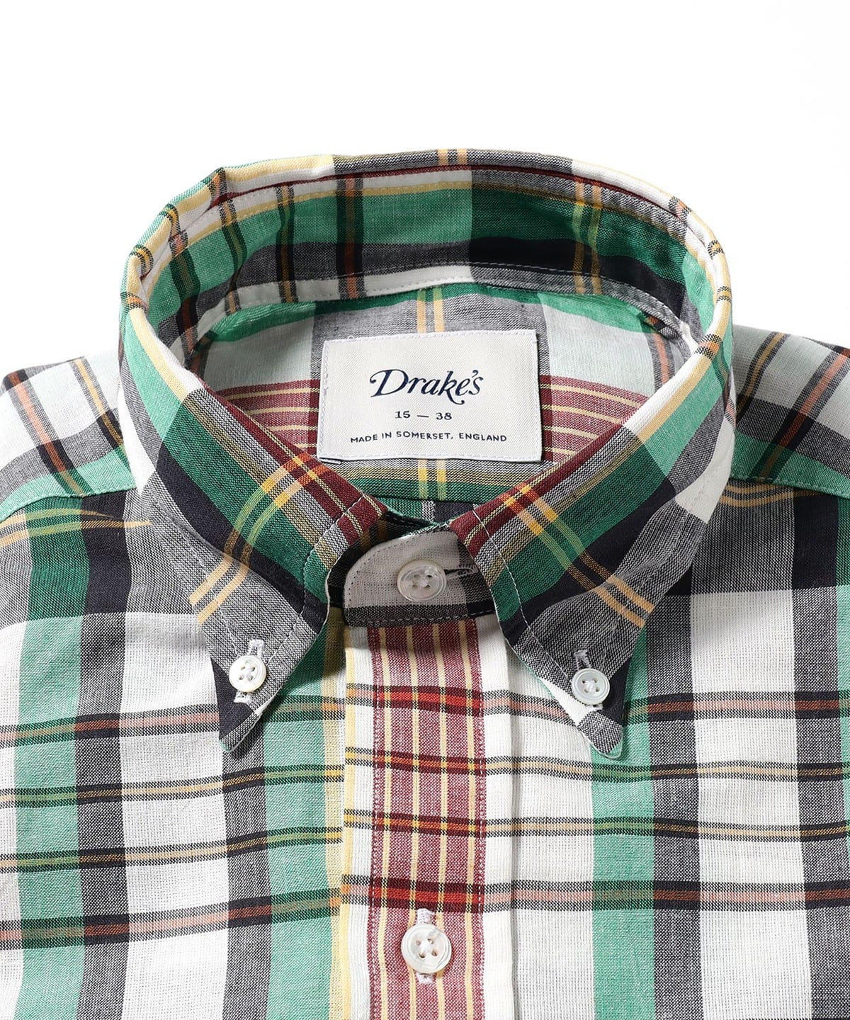 新品未使用 Drakesマドラスチェックラウンドカラーシャツ 、サイズ41-16 BEAMS F（ビームスF）【別注】Drake's / コットン グリーン マドラス