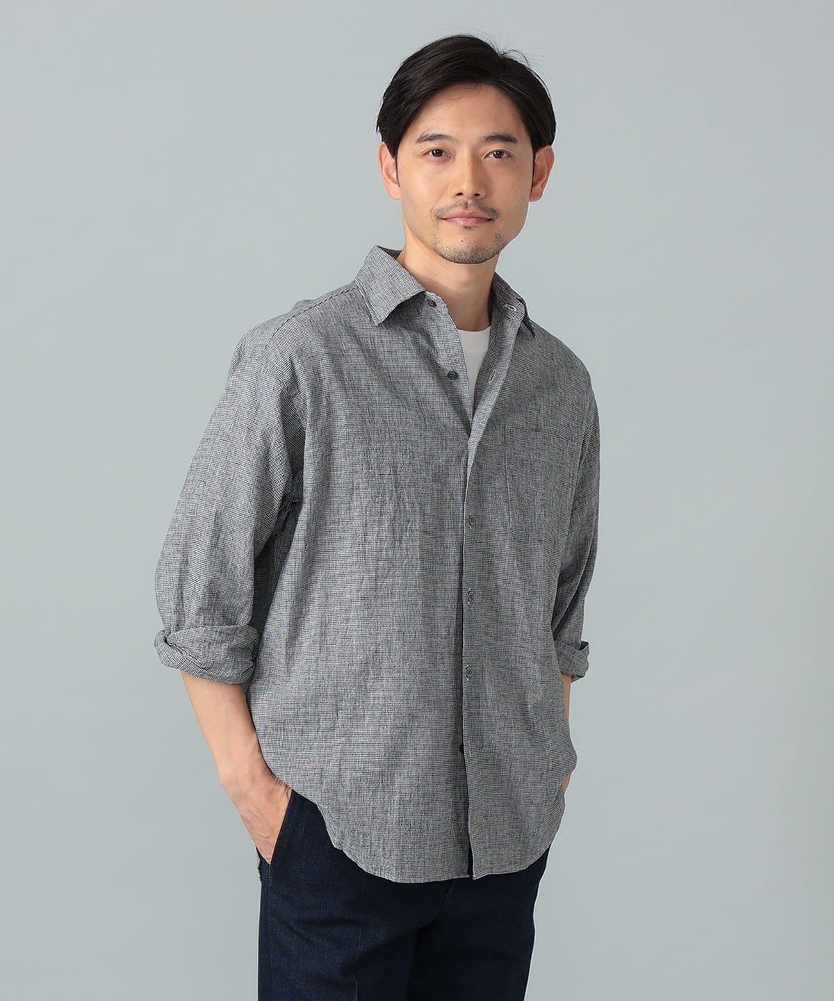 BEAMS F（ビームスF）リネンコットン ハウンドトゥース ビックシャツ