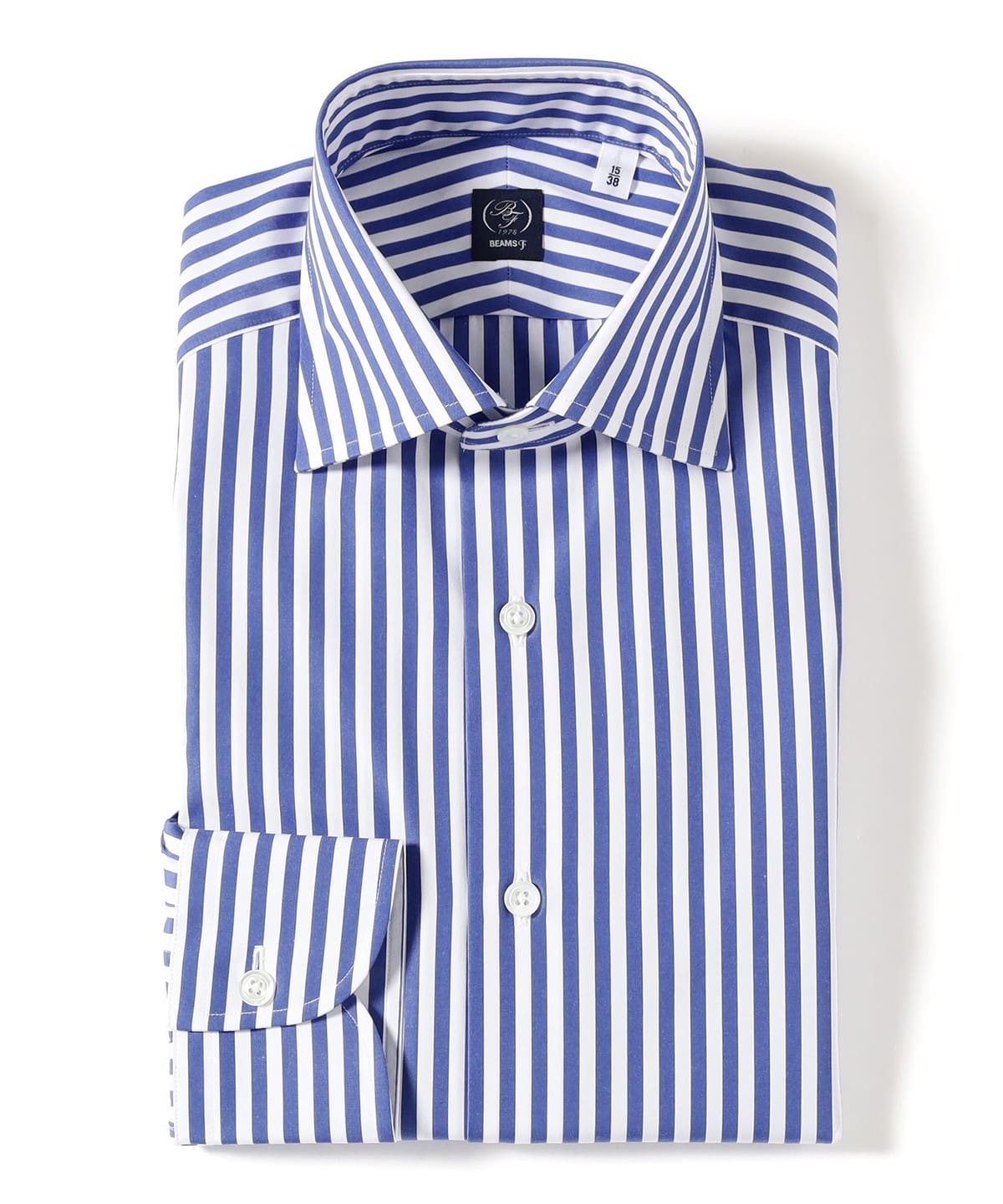 【新品/タグ付】BEAMS F ドレスシャツ ストライプ白×青 39 BEAMS F（ビームスF）コットン ブルー ストライプ ワイドカラーシャツ