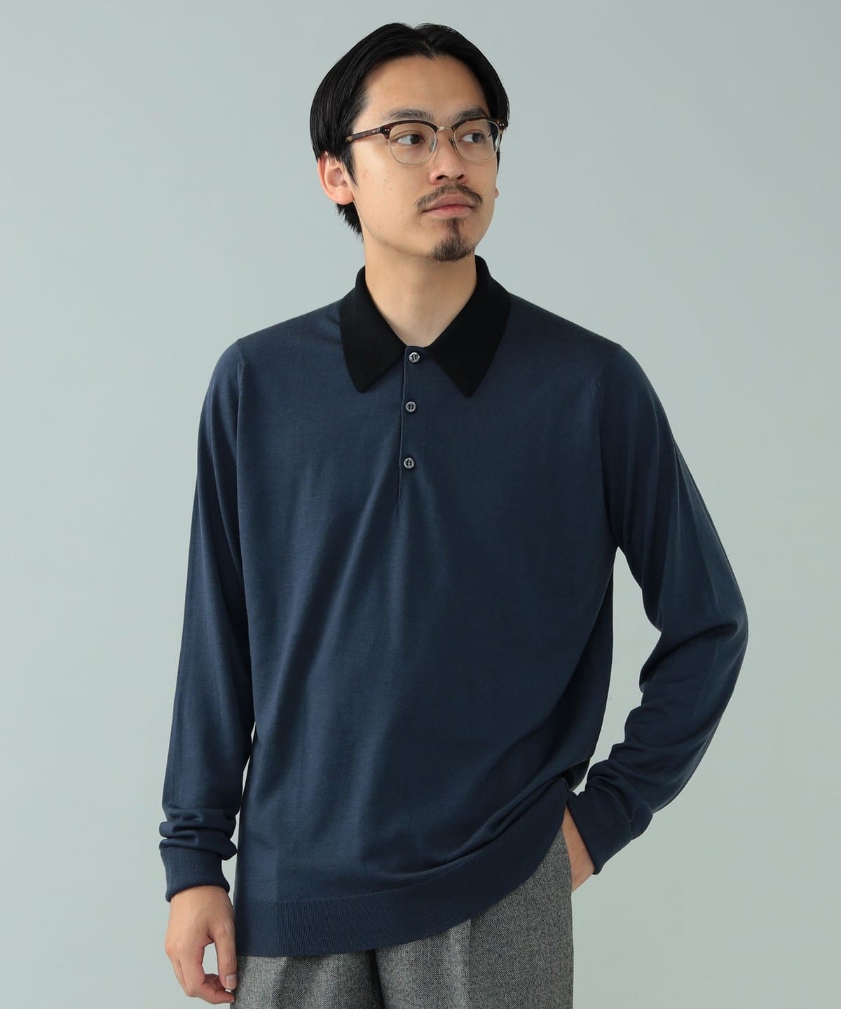 【別注】JOHN SMEDLEY ジョン スメドレー / 30ゲージ クレリック ニットポロシャツ シャツ・ブラウス MEN SMOKE BLUExBLACK L 【別注】JOHN SMEDLEY ジョン スメドレー / 30ゲージ クレリック ニットポロシャツ シャツ・ブラウス MEN SMOKE BLUExBLACK L