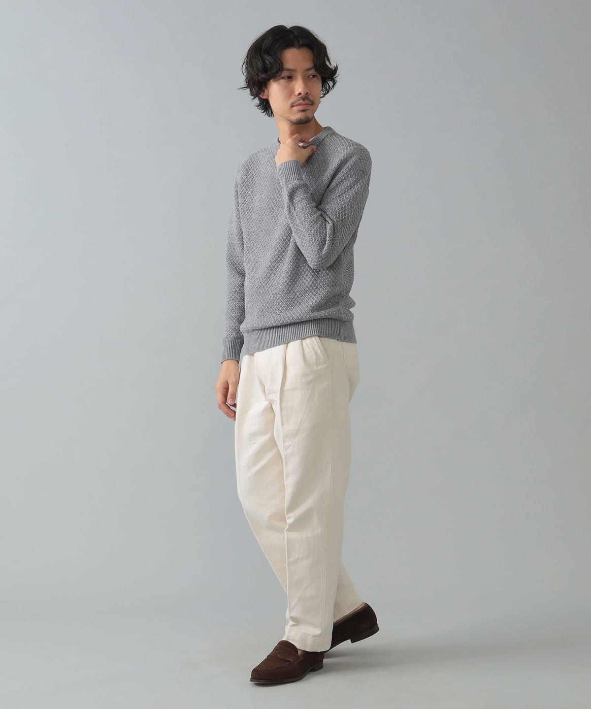 BAFY コットン混リネン ディープヘンリーネック ニット ホワイト 46 BAFY コットン混リネン ディープヘンリーネック ニット ホワイト 46