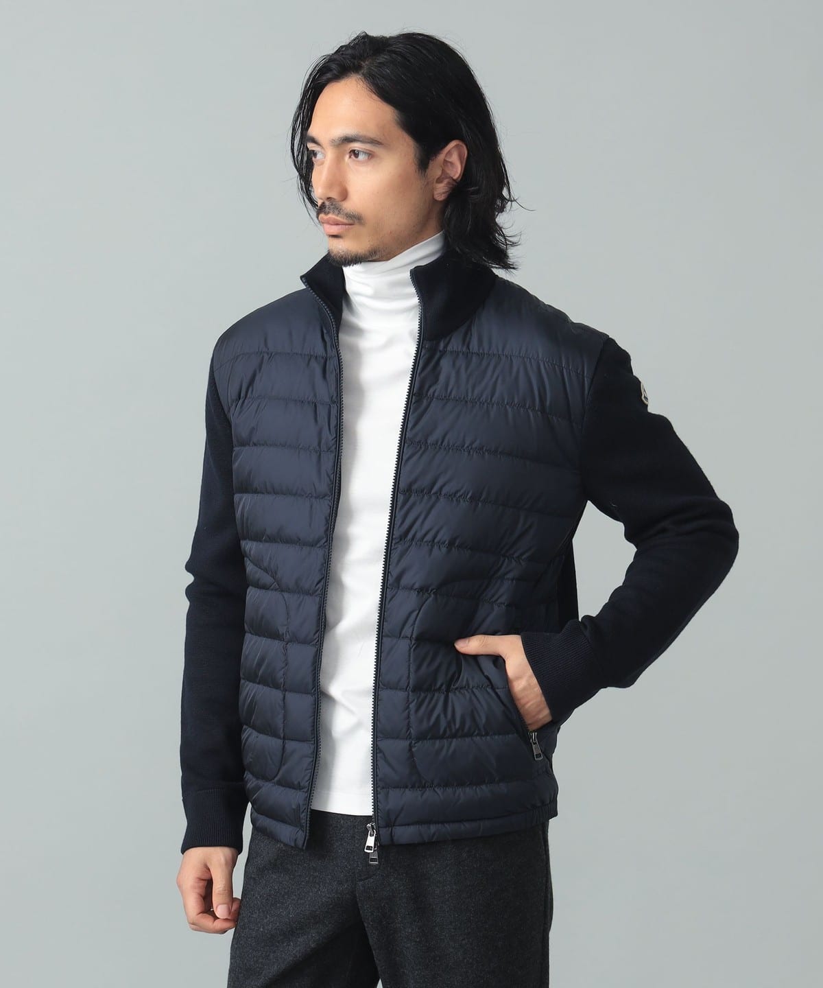 BEAMS F（ビームスF）MONCLER / ニット×ナイロン ダウンカーディガン