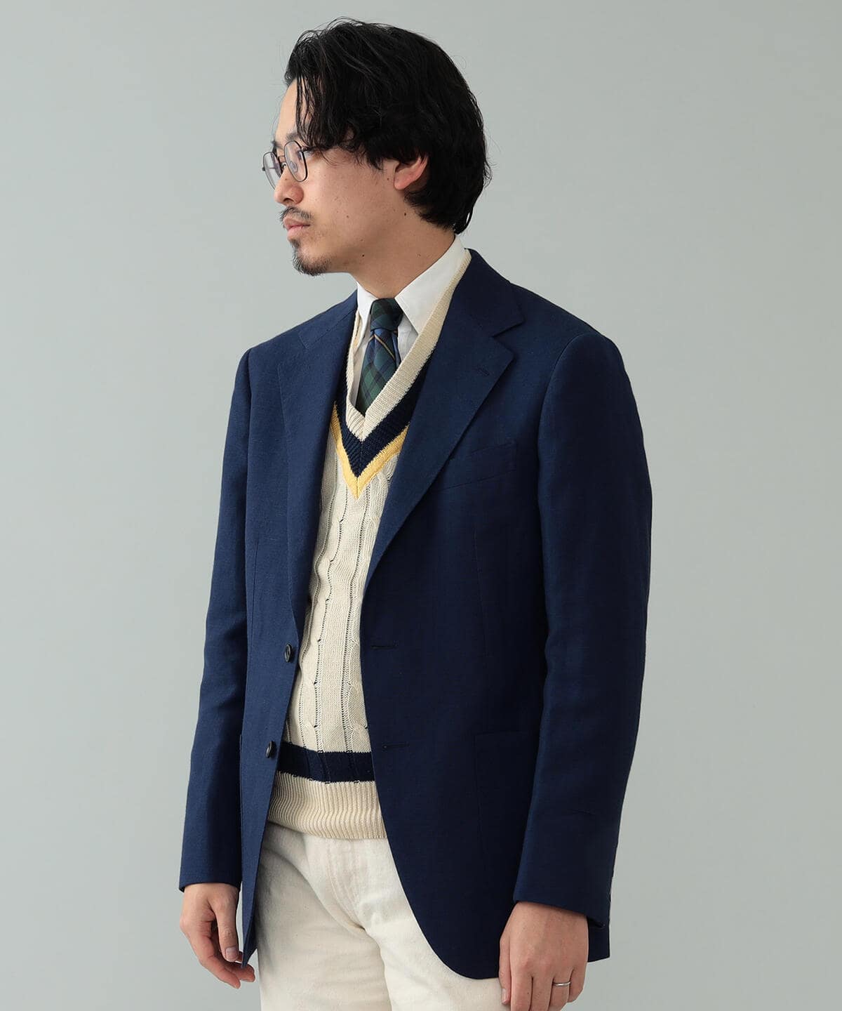 [Outlet] BEAMS F / FOX BROTHERS Wool Linen Navy Jacket