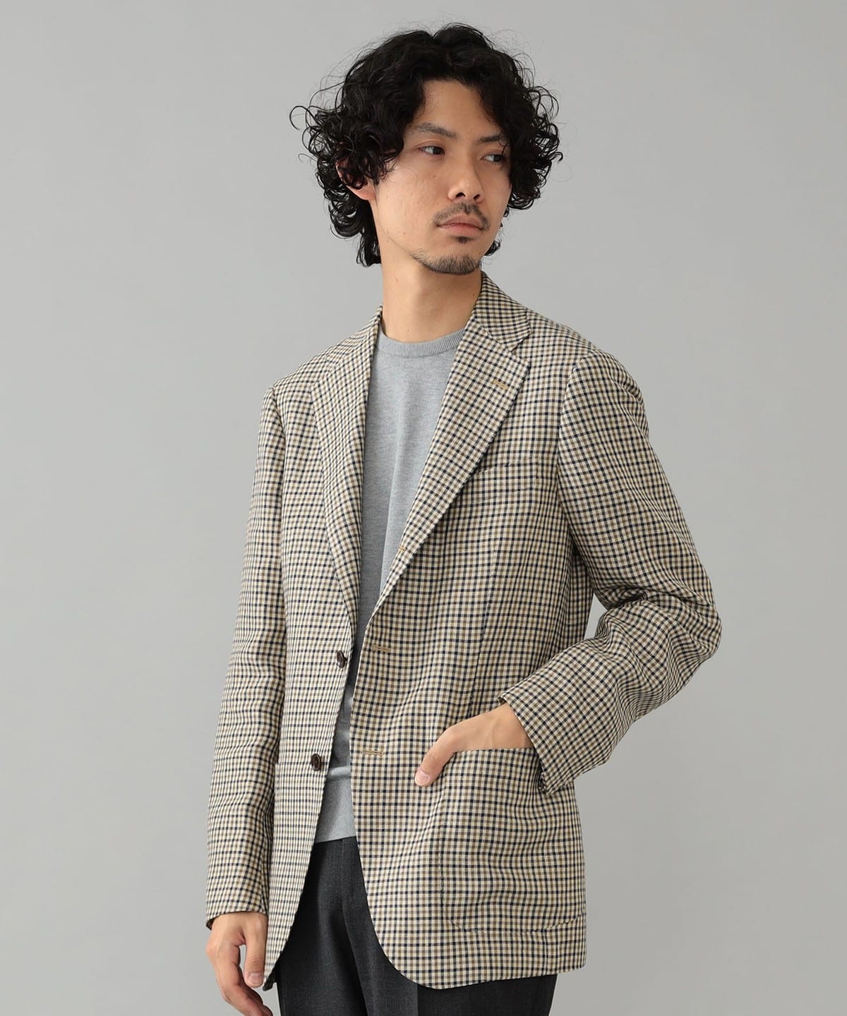 BEAMS F / EASY B OTTO LI linen wool gun club check jacket