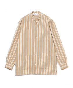 【別注】Placide / リネンコットン ダブルストライプ バンドカラーシャツ