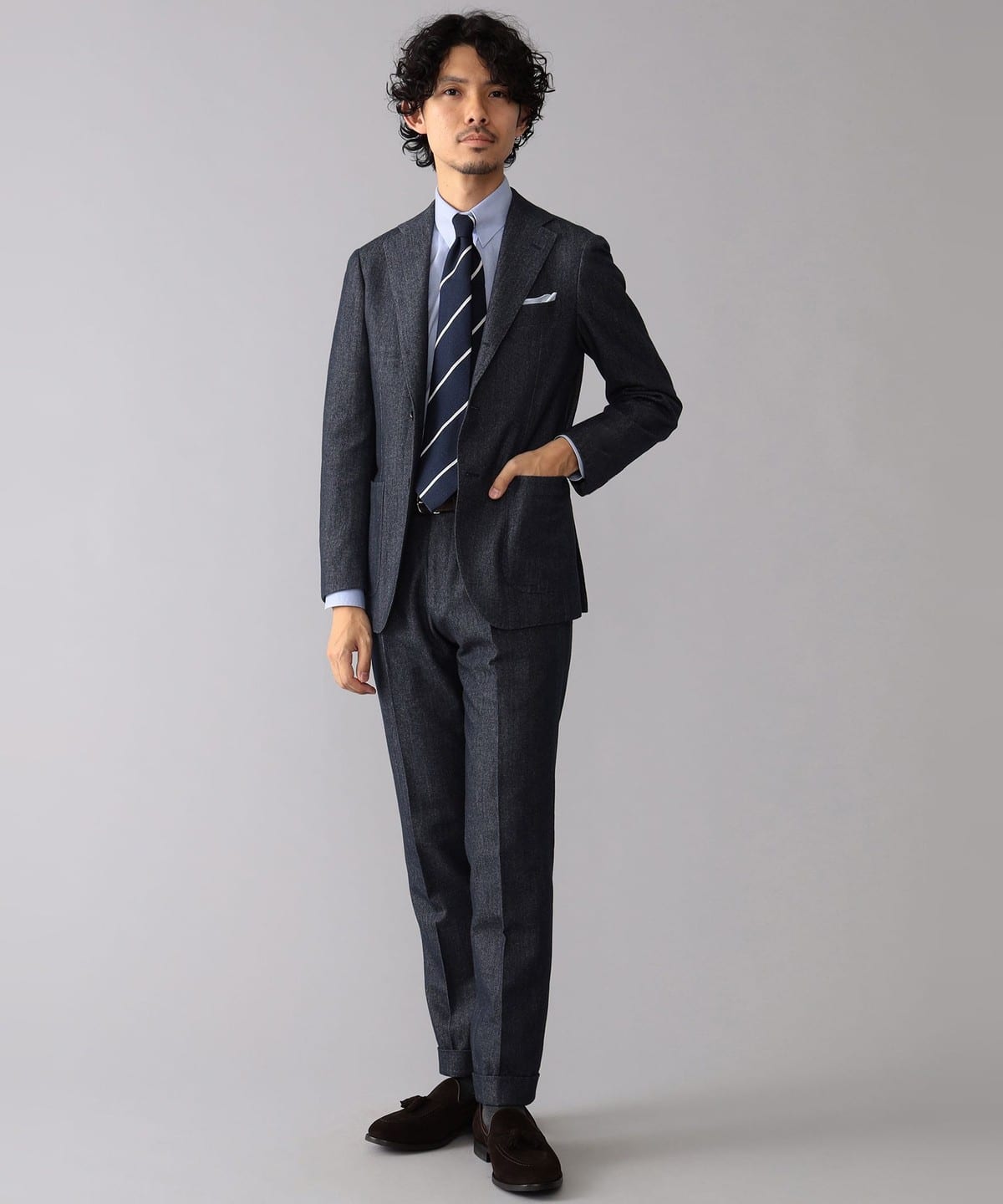 BEAMS F / EASY FABIO mixed fabric denim suit
