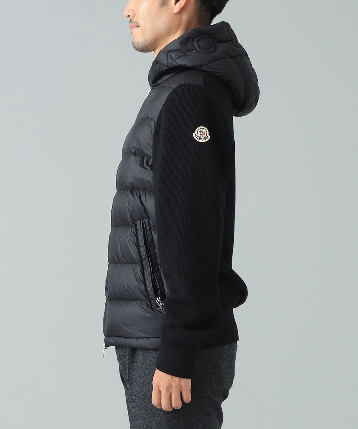 MONCLER ナイロン ニット コンビ フーデッドジャケット 黒 BEAMS F（ビームスF）【EXCLUSIVE】MONCLER / ニット×ナイロン