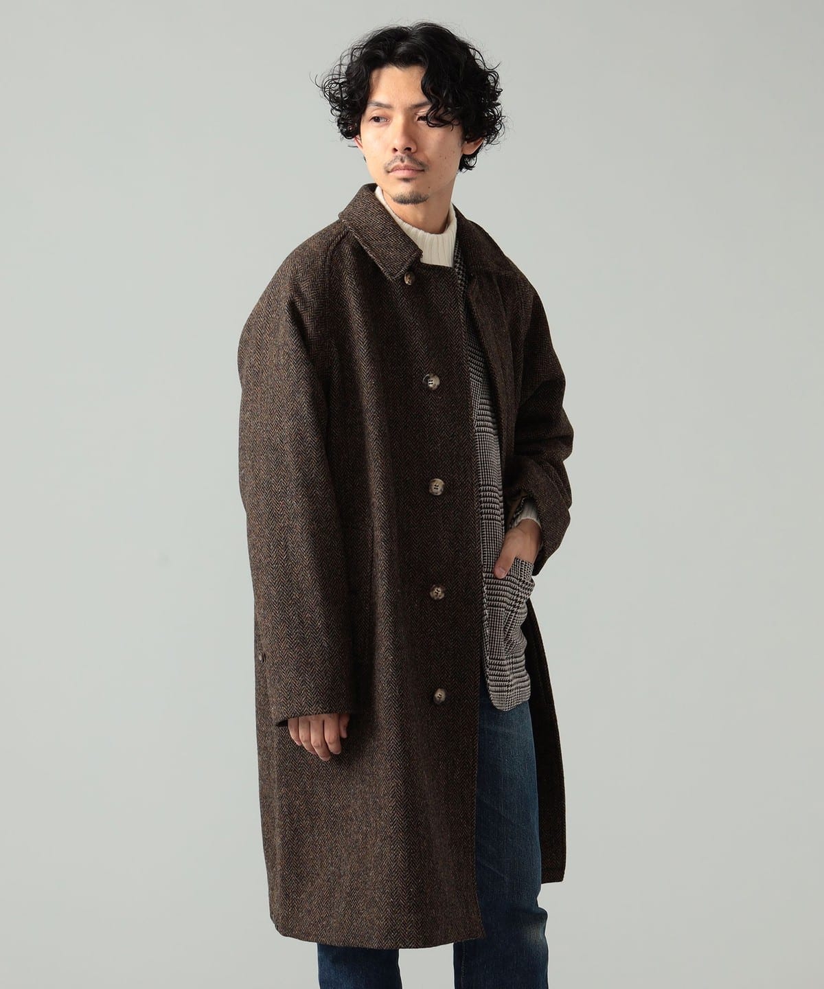 BEAMS F / HARRIS TWEED ヘリンボーン シングル ラグランスリーブ バル ...