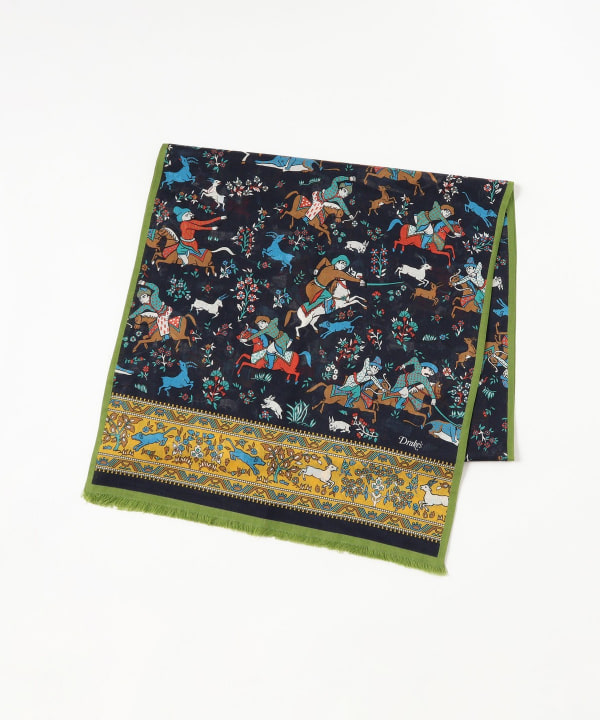 Drake's 動物柄 ネイビー スカーフ ストール ウールシルク BEAMS F（ビームスF）【別注】Drake's / ウールシルク ハンティング柄