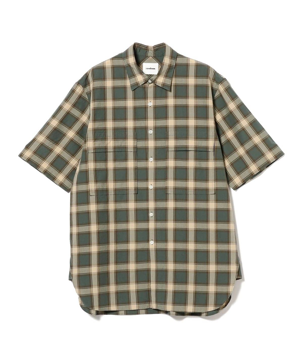 colon / チェック ダブルポケット ショースリーブシャツ シャツ・ブラウス MEN GREEN-BEG 3/M colon / チェック ダブルポケット ショースリーブシャツ シャツ・ブラウス MEN GREEN-BEG 3/M