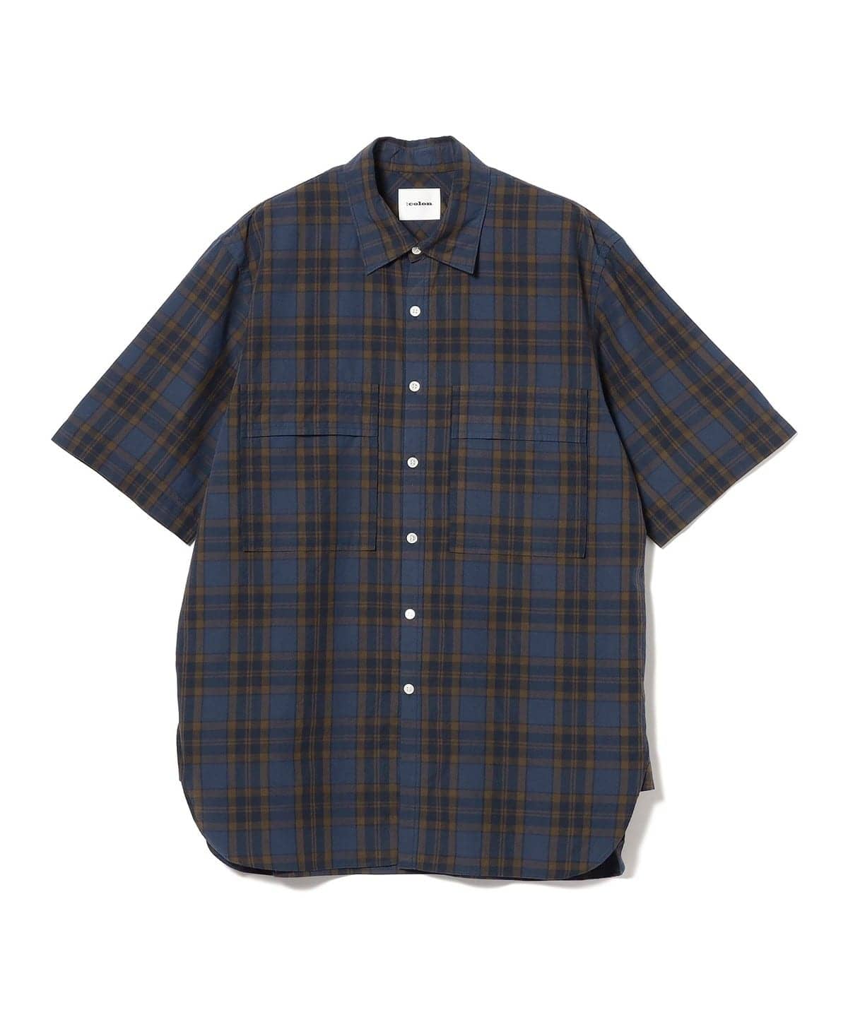 colon / チェック ダブルポケット ショースリーブシャツ シャツ・ブラウス MEN NAVY-BRN 1/S colon / チェック ダブルポケット ショースリーブシャツ シャツ・ブラウス MEN NAVY-BRN 1/S