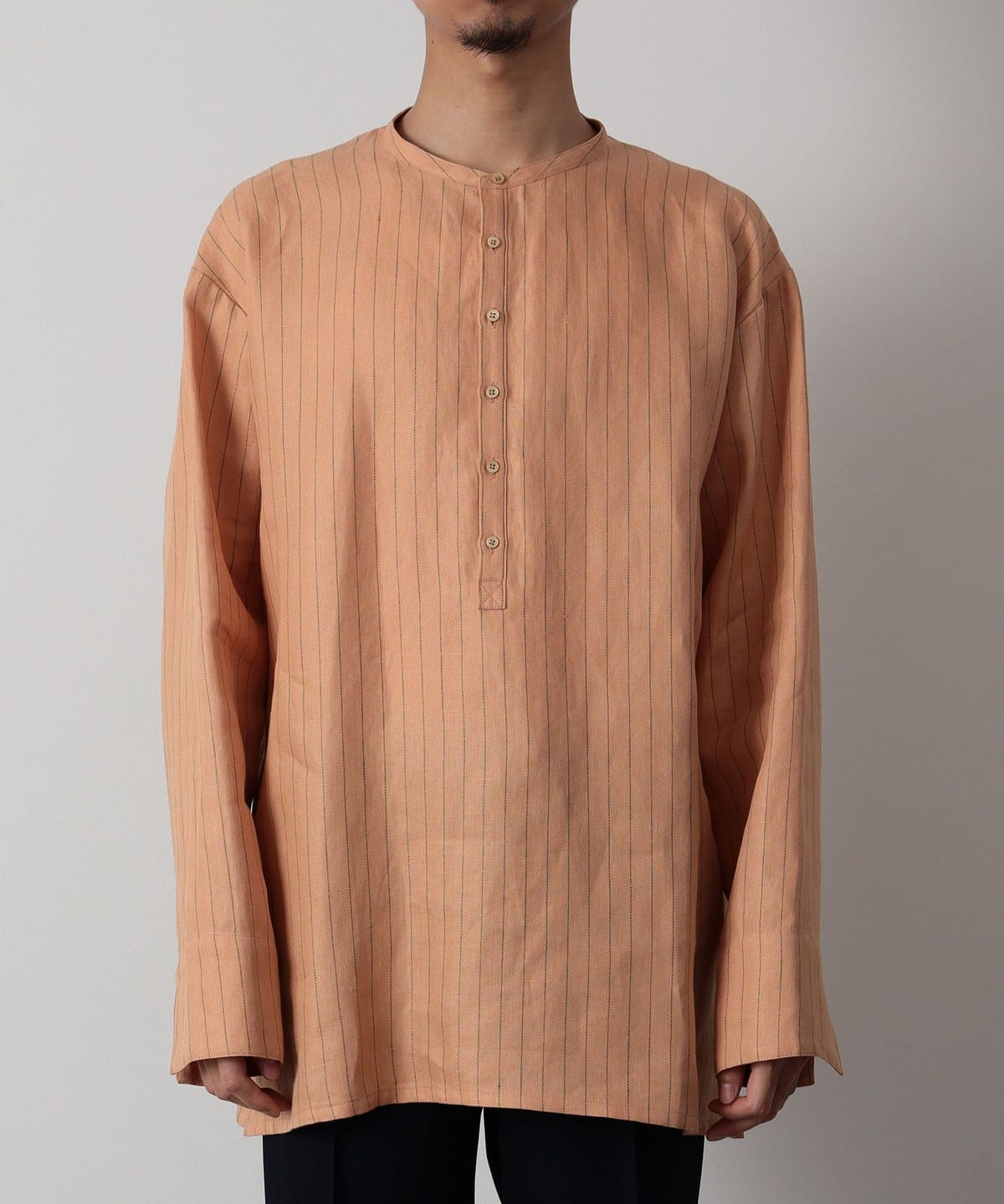 ヘンリーネック ストライプ カフタンシャツ シャツ・ブラウス MEN CORAL PNK M ヘンリーネック ストライプ カフタンシャツ シャツ・ブラウス MEN CORAL PNK M