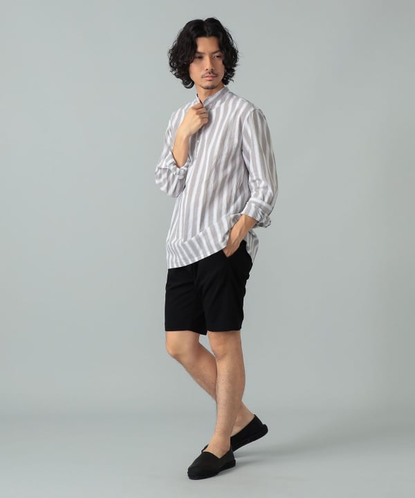 【別注】GUY ROVER / コットンリネン ストライプ バンドカラー プルオーバーシャツ Model：H178cm　Size：41(L)
