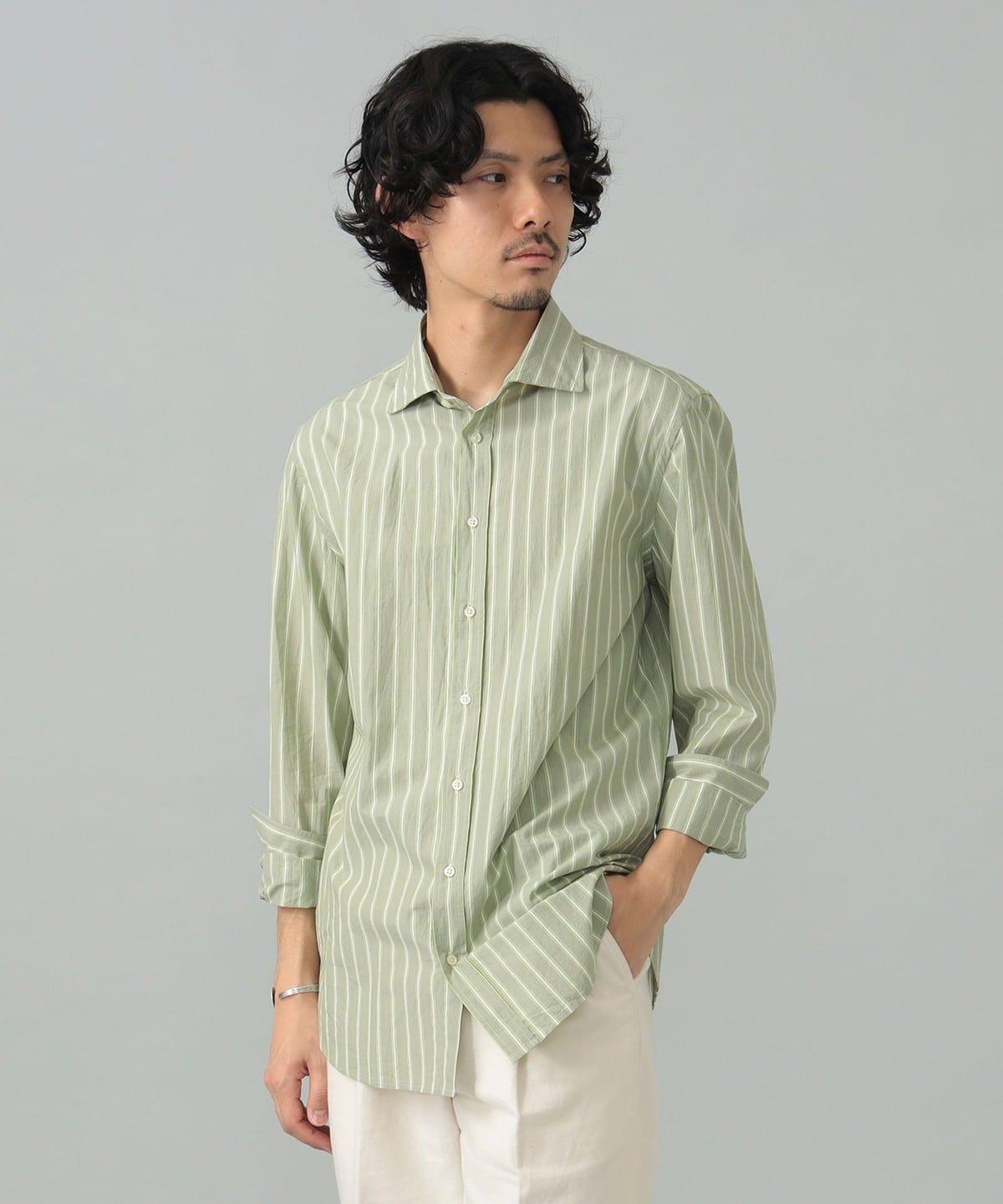 GUY ROVER ギローバー / サンドストライプ ワイドカラーシャツ シャツ・ブラウス MEN GREEN/4 41(L) GUY ROVER ギローバー / サンドストライプ ワイドカラーシャツ シャツ・ブラウス MEN GREEN/4 41(L)