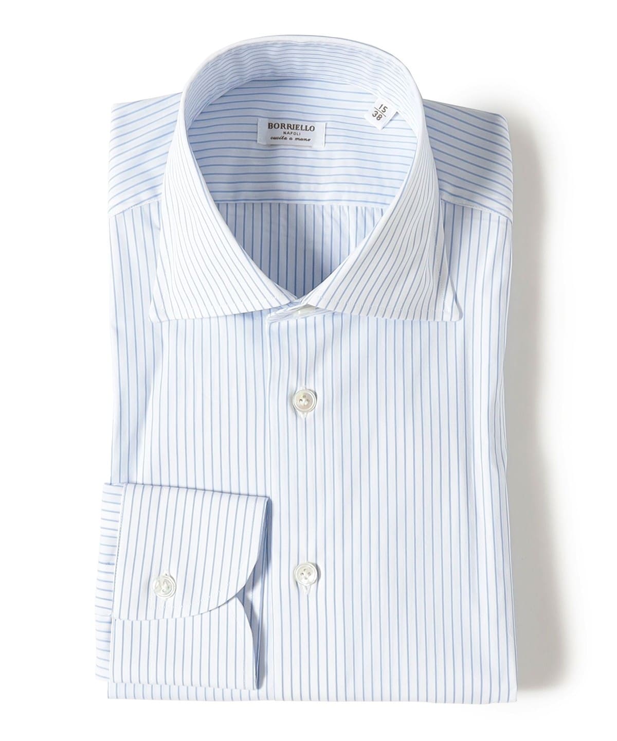 【別注】Borriello ボリエッロ / コットンポリウレタン ペンシルストライプ ワイドカラーシャツ シャツ・ブラウス MEN SAX ST/1 43 【別注】Borriello ボリエッロ / コットンポリウレタン ペンシルストライプ ワイドカラーシャツ シャツ・ブラウス MEN SAX ST/1 43
