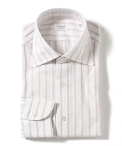 【別注】Borriello / コットンリネン ライトブラウンストライプ ワイドカラーシャツ