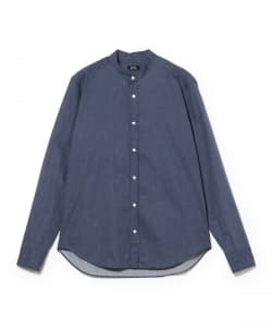 コットン インディゴ プリント バンドカラーシャツ