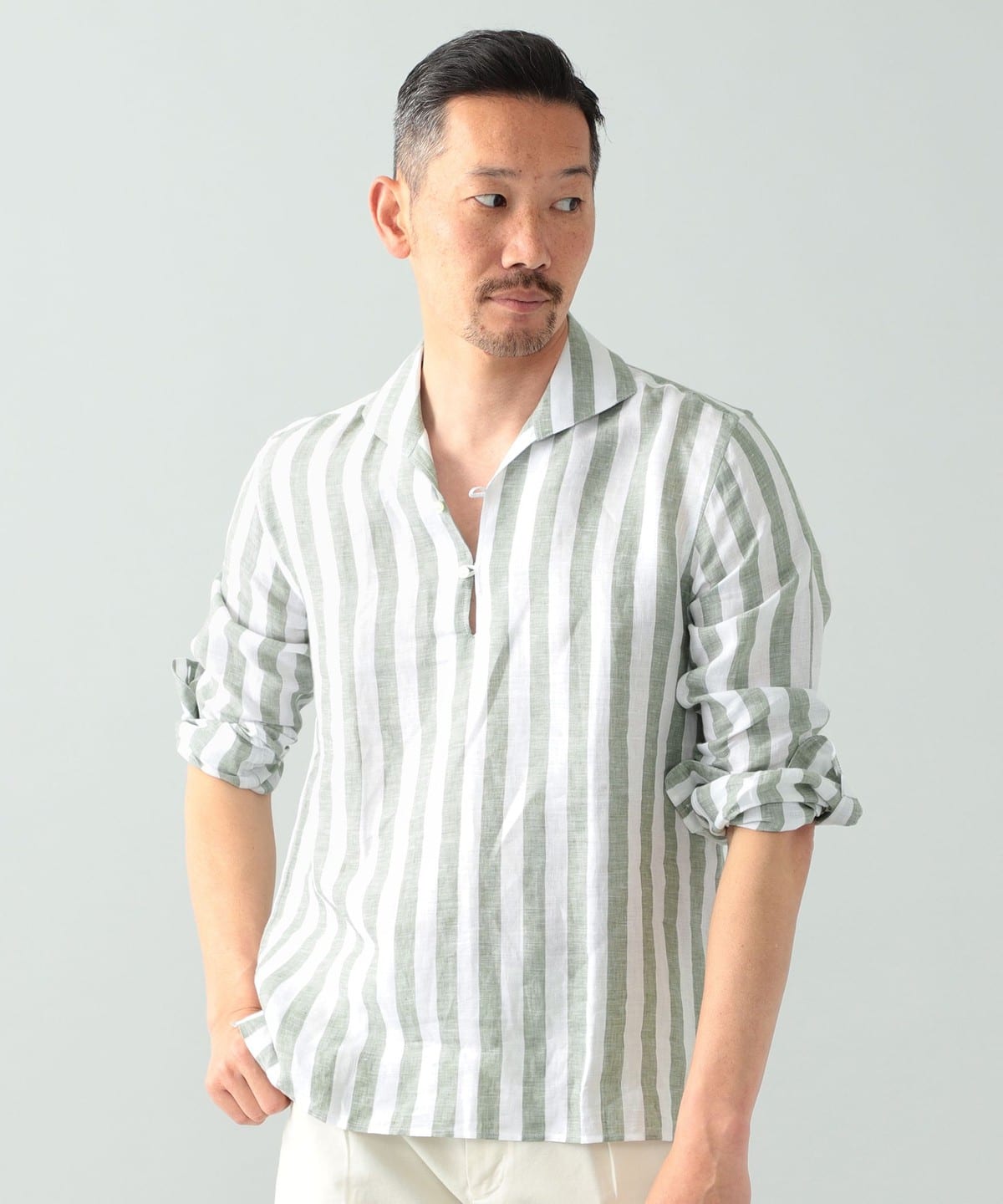 Massimo d'Augusto マッシモダウグスト / ALAMARI リネン ボールドストライプ カプリシャツ シャツ・ブラウス MEN OLIVE/45 S Massimo d'Augusto マッシモダウグスト / ALAMARI リネン ボールドストライプ カプリシャツ シャツ・ブラウス MEN OLIVE/45 S