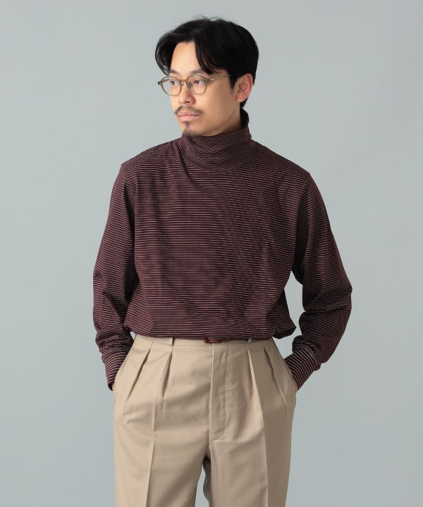 【別注】Yonetomi / ガーメントダイ ボーダー タートルネック カットソー Model：H175cm　Size：3