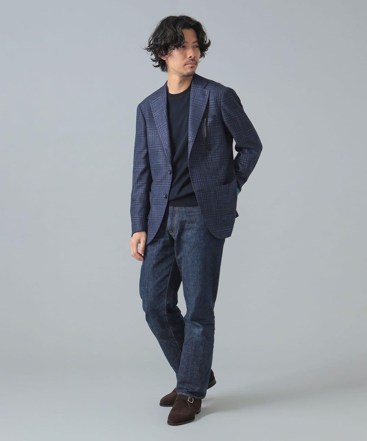 <美品>ブリッラペルイルグスト ブルー ウール シルク リネン ジャケット44 Brilla per il gusto（ブリッラ ペル イル グスト）LORO PIANA