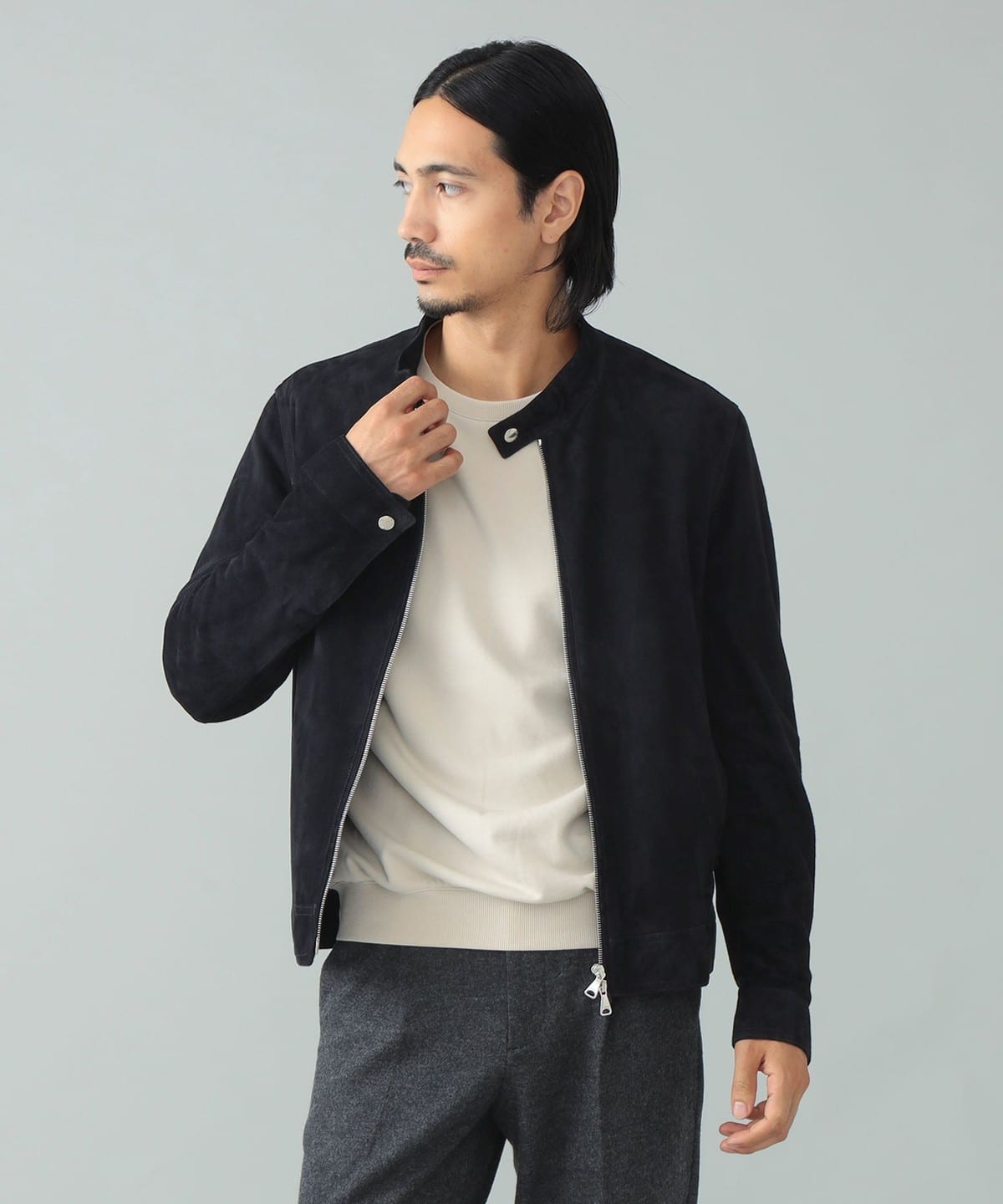 【別注】EMMETI エンメティ / JURI BEAMS3 スエード シングル ライダースジャケット ブルゾン MEN NAVY/6070 52