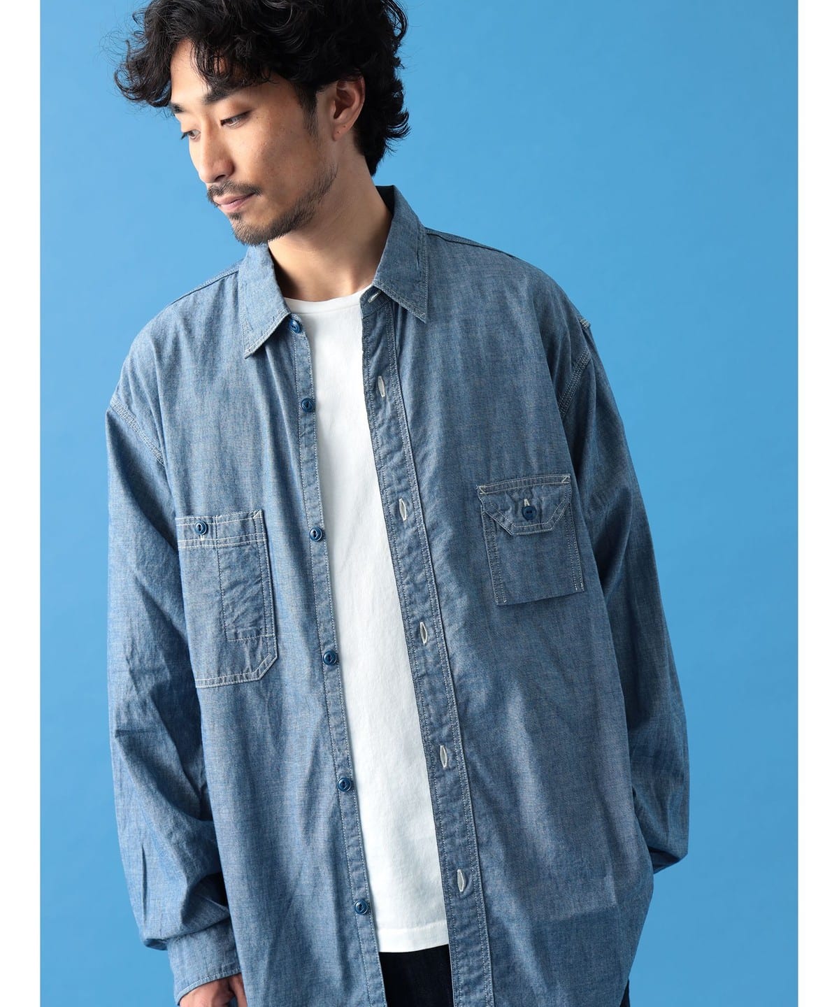 �yEXCLUSIVE�zCAL O LINE �L�����E�I�[�E���C�� / Chambray Shirt �V���c�E�u���E�X MEN BLUE S