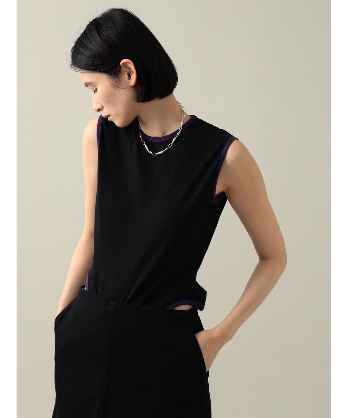 【EXCLUSIVE】fifi Collection / piping Sleeveless Body suit Tシャツ・カットソー WOMEN Black*Purple M 【EXCLUSIVE】fifi Collection / piping Sleeveless Body suit Tシャツ・カットソー WOMEN Black*Purple M