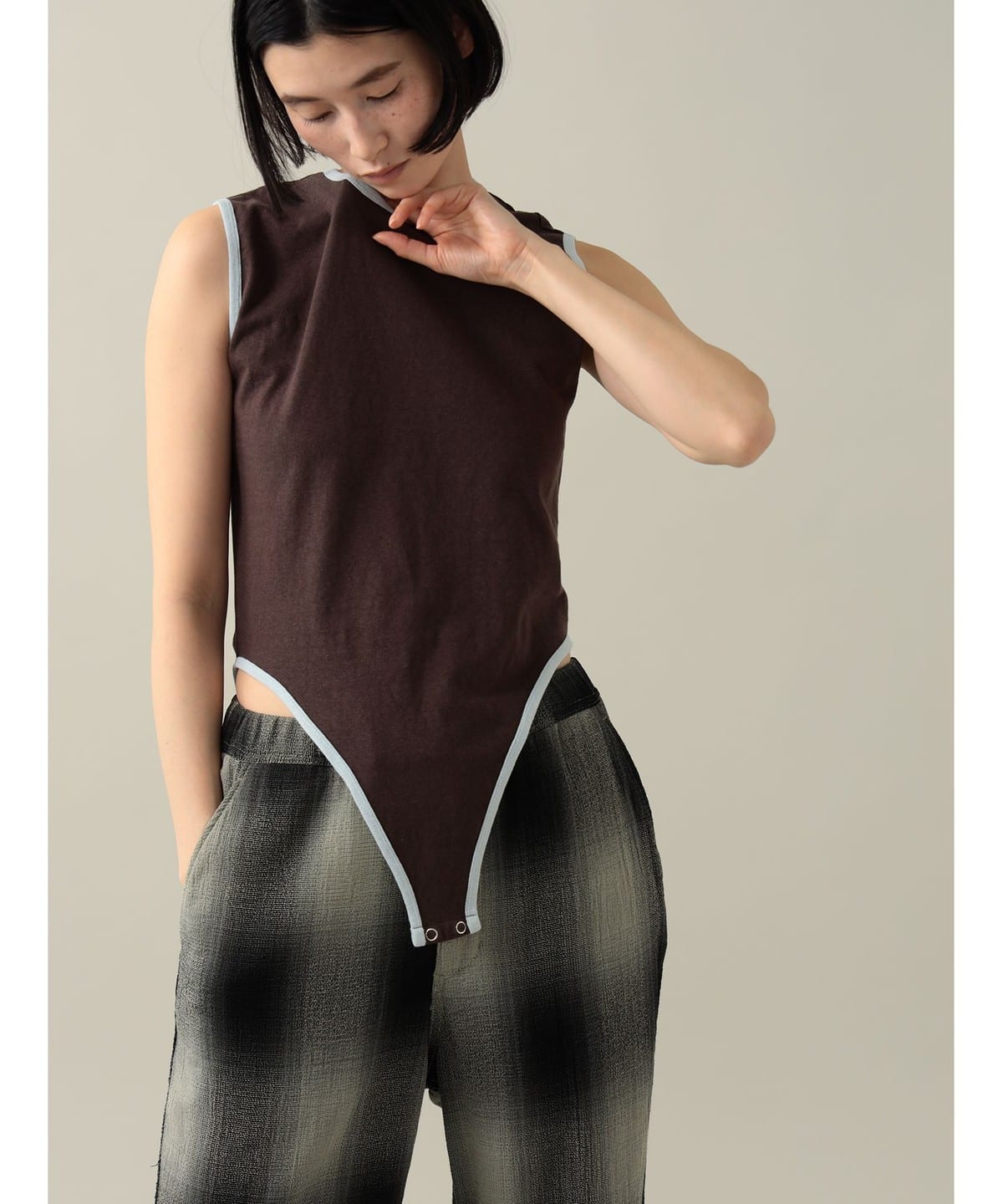 【EXCLUSIVE】fifi Collection / piping Sleeveless Body suit Tシャツ・カットソー WOMEN Brown*Light Blue M 【EXCLUSIVE】fifi Collection / piping Sleeveless Body suit Tシャツ・カットソー WOMEN Brown*Light Blue M