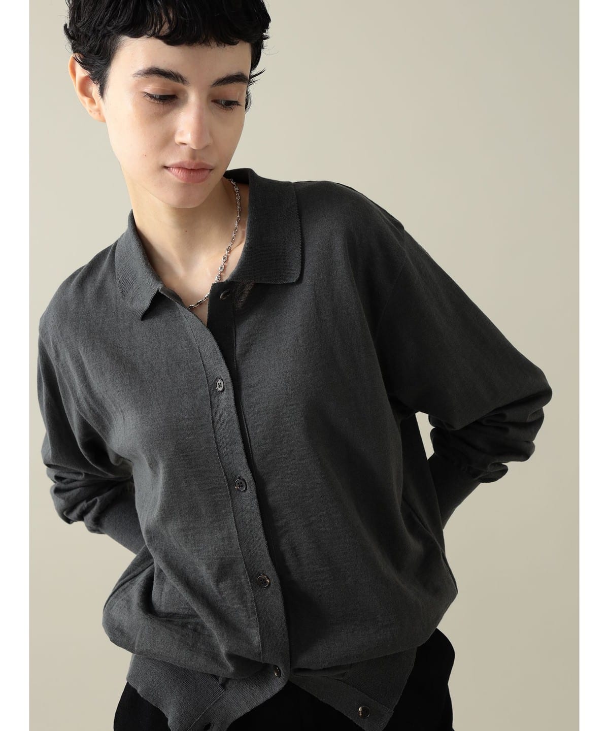【EXCLUSIVE】 BATONER バトナー / Polo Cardigan トップス WOMEN GREY 1 【EXCLUSIVE】 BATONER バトナー / Polo Cardigan トップス WOMEN GREY 1