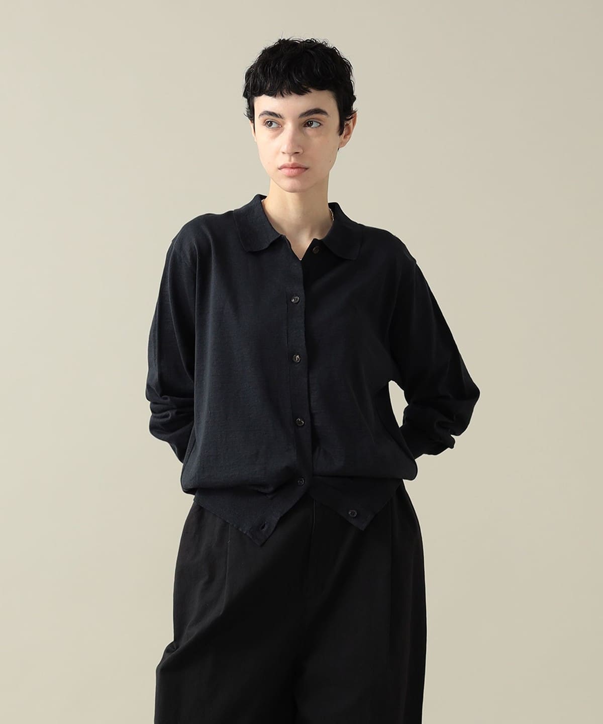 【EXCLUSIVE】 BATONER バトナー / Polo Cardigan トップス WOMEN BLACK NAVY 1 【EXCLUSIVE】 BATONER バトナー / Polo Cardigan トップス WOMEN BLACK NAVY 1