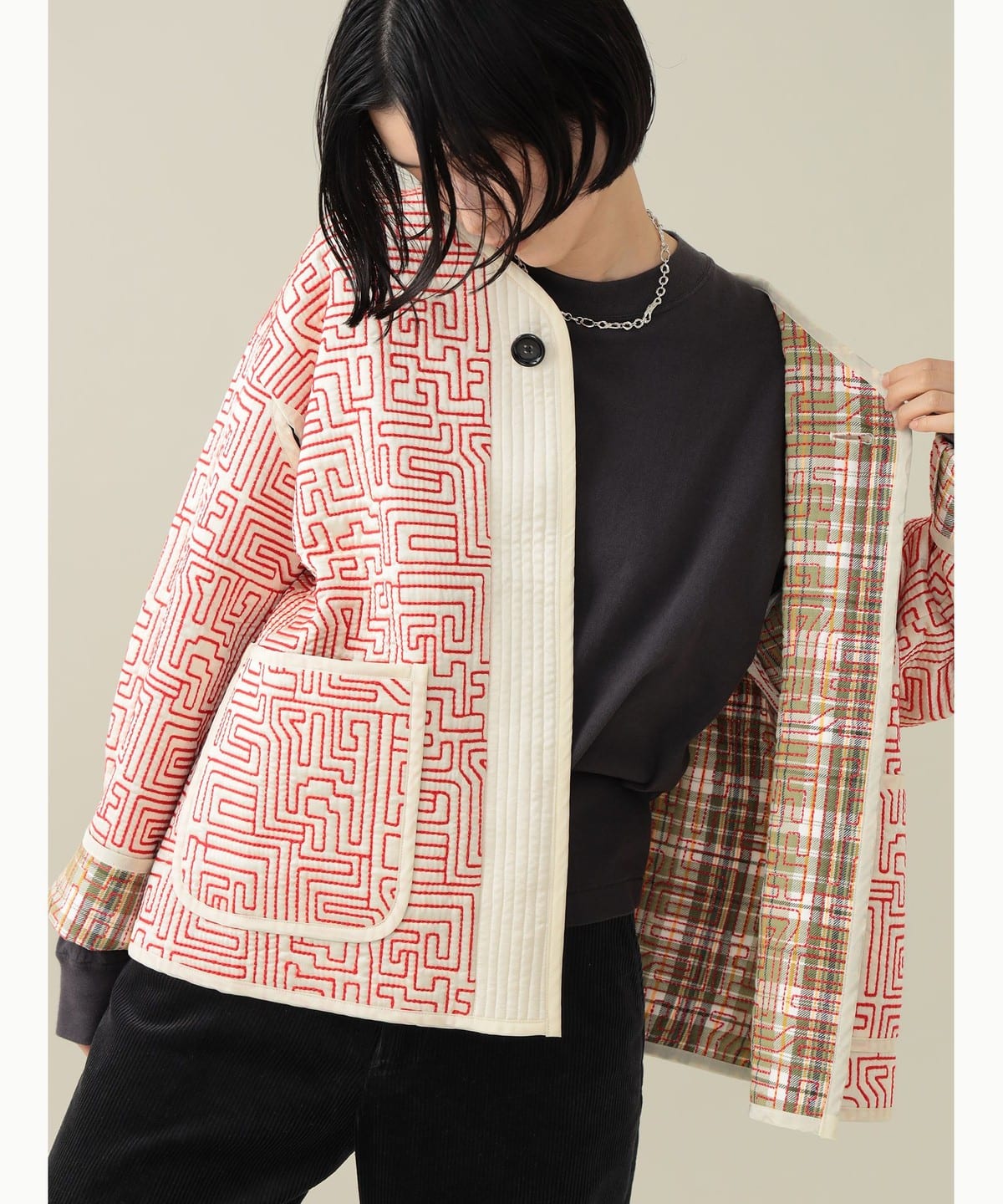 【EXCLUSIVE】Jonnlynx / Quilting Jacket ブルゾン WOMEN Beige*Red/Khaki ONE SIZE 【EXCLUSIVE】Jonnlynx / Quilting Jacket ブルゾン WOMEN Beige*Red/Khaki ONE SIZE