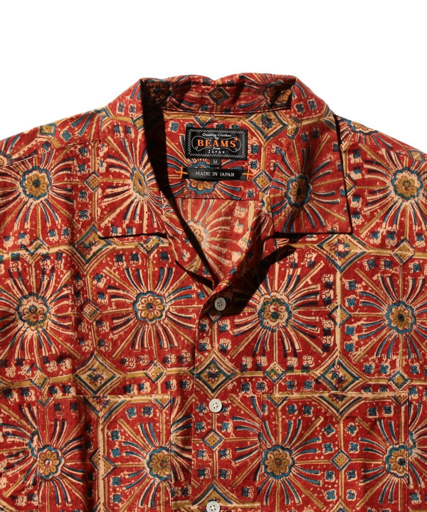 BEAMS PLUS ブロックプリント オープンカラーシャツ BEAMS MEN｜BEAMS PLUS｜リーフ柄 ブロックプリント 半袖