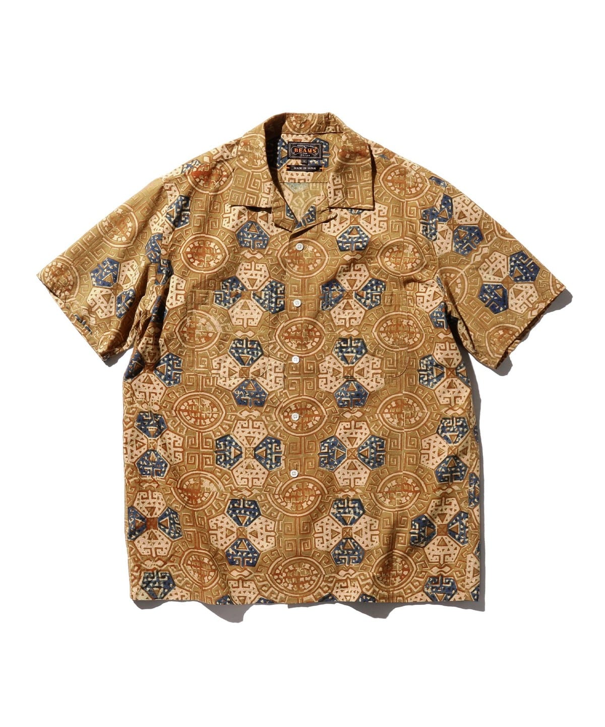 Open Collar Block Print geometric pattern シャツ・ブラウス MEN BROWN L Open Collar Block Print geometric pattern シャツ・ブラウス MEN BROWN L