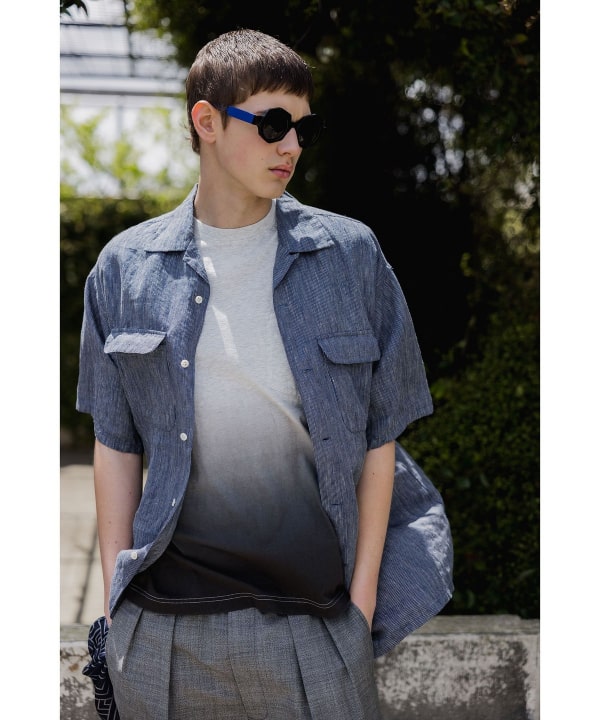 Open Collar Indigo Linen Stripe