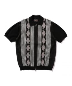 ▲BEAMS PLUS / ラミー コットン ジャカード ストライプ ジップニット ポロシャツ