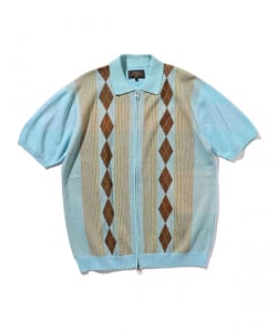 ▲BEAMS PLUS / ラミー コットン ジャカード ストライプ ジップニット ポロシャツ