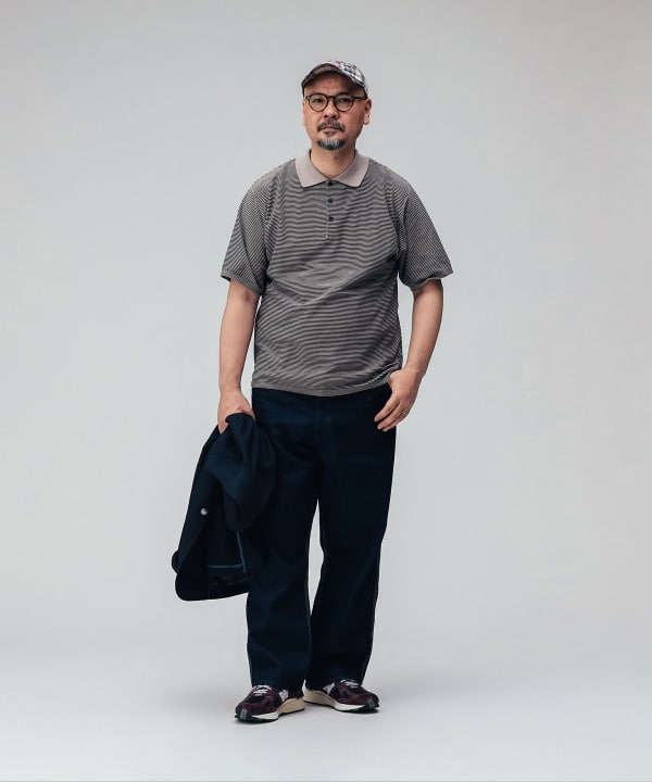 【別注】BATONER / KNIT POLO SHIRT HORIZONTAL MICRO STRIPE Model：H 183cm Size：4