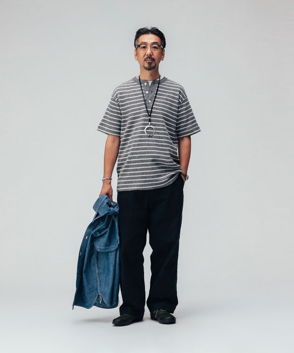 【8/6再値下げ】【別注】Healthknit / Honeycomb Thermal Henry Neck T-shirt Horizontal Stripe Model：H 169cm Size：M
